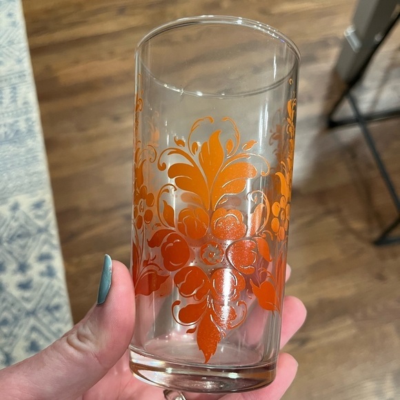 Vintage Anchor Hocking Escort orange ombré floral beverage set 6 glasses - Picture 1 of 7
